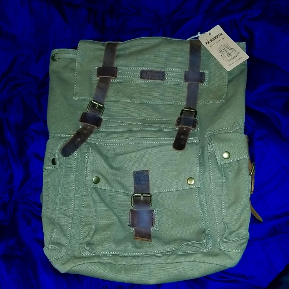 Paraffin Brand Canvas Backpack Army Green, Leather and Metal Details, Lined